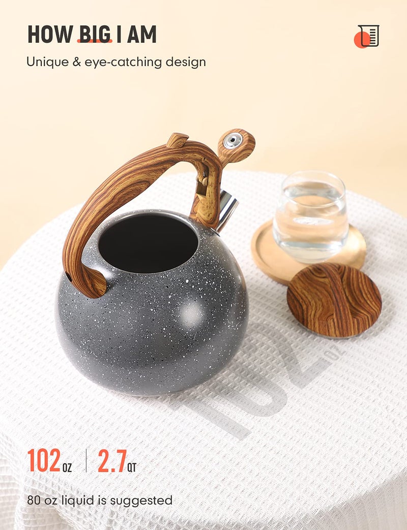 BELANKO 2.7 Quart Tea Kettle for Stovetops - Food Grade Stainless Steel Teapot with Loud Whistle, Cool-Touch Wood Pattern Handle, Rust-Resistant Whistling Kettle - Starry Gray - Image 3